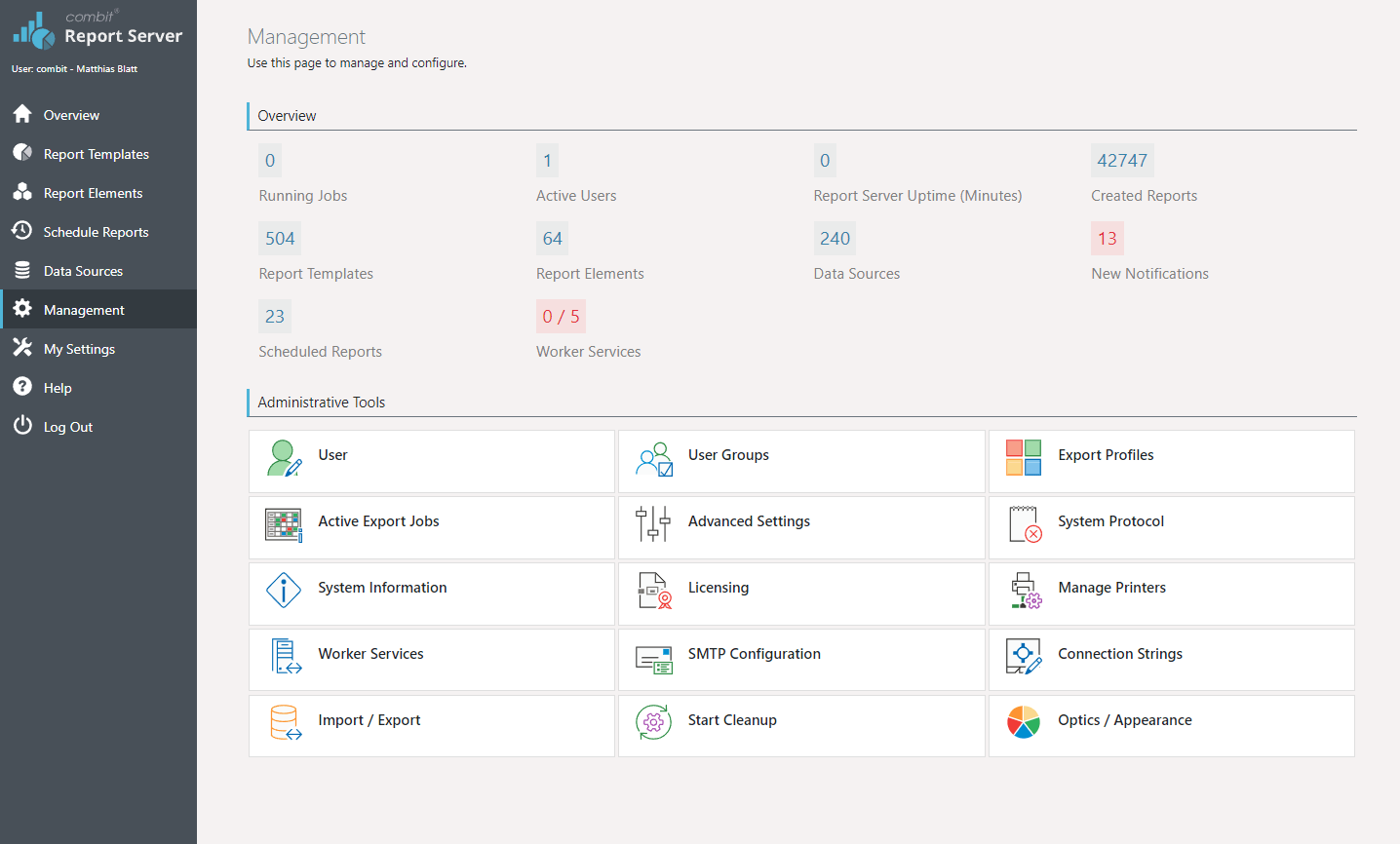 vue de gestion du serveur de rapports